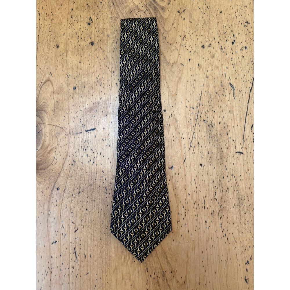 Burberry London Silk Tie Black Gold Chain Link Geometric Pattern Made in France